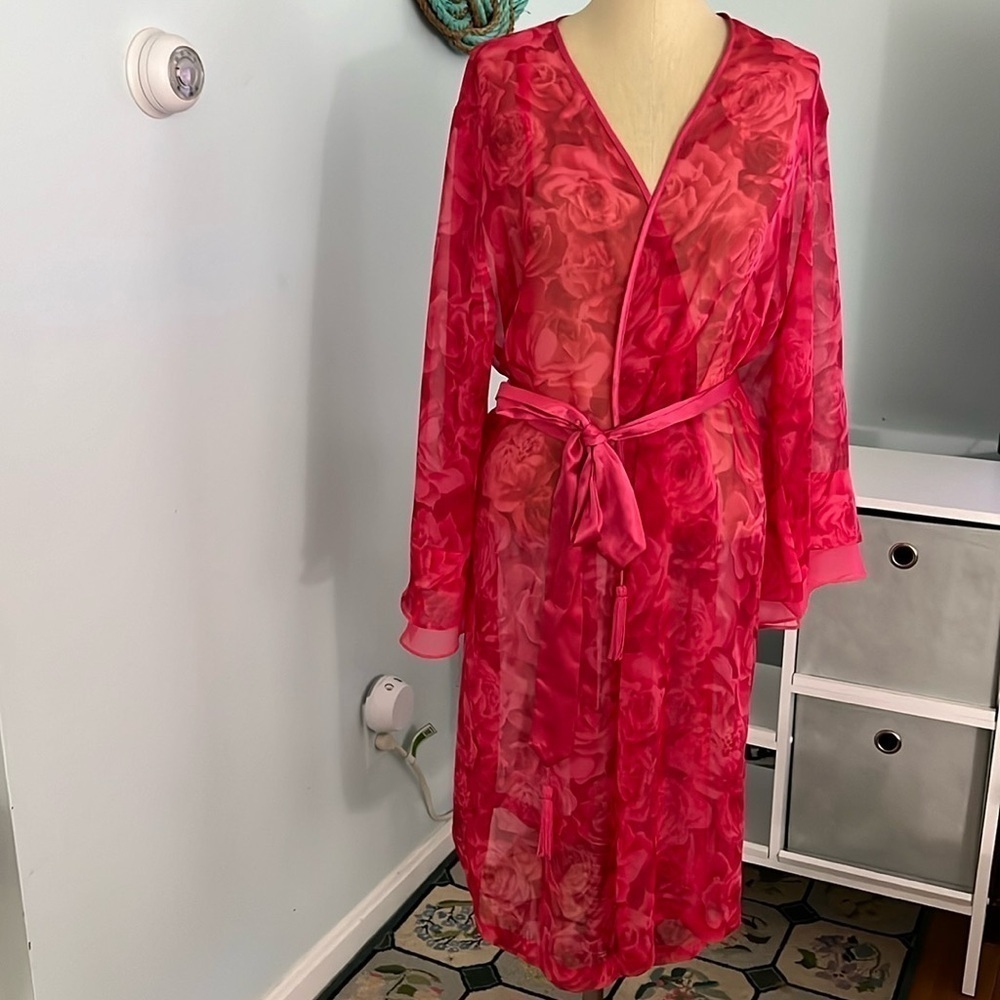 Valerie Stevens Pink Floral Rose Kimono Sytle Sheer Wrap Robe L